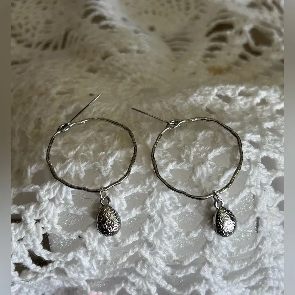 Purple -Textured Silver Hoop Drop Earrings Dark Purple Charm Formal Casual Chic